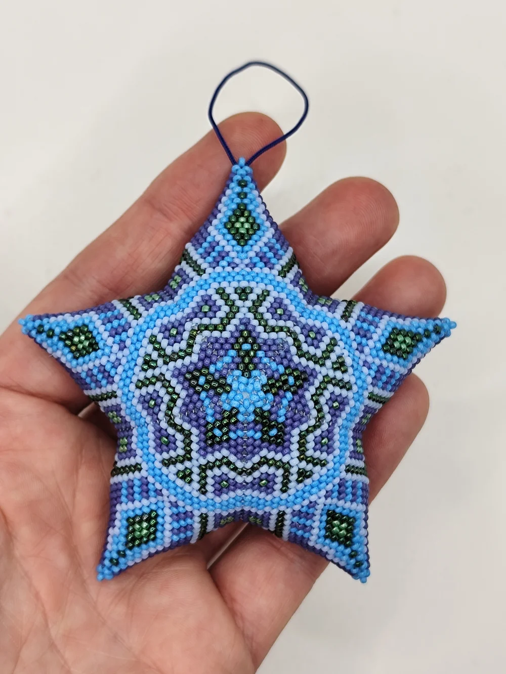 Handcrafted Blue Beaded Star Ornament - Holiday Decoration